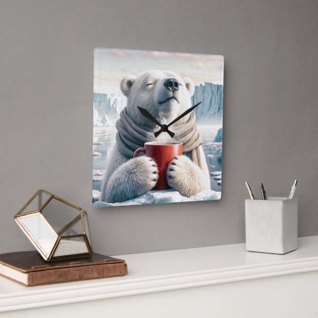 Relógio Quadrado Urso Polar Com Mug De Café Vermelho (Escritório)