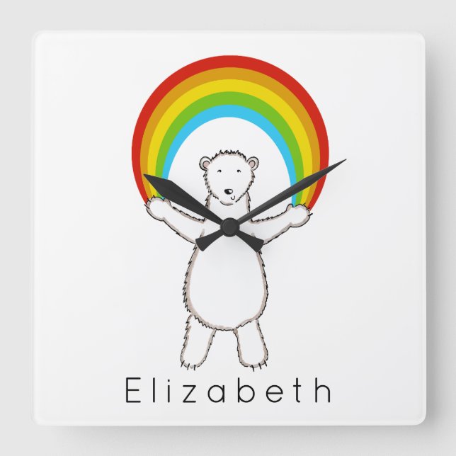 Relógio Quadrado Urso Polar e Arco-Íris Cugado Personalizado (Frente)