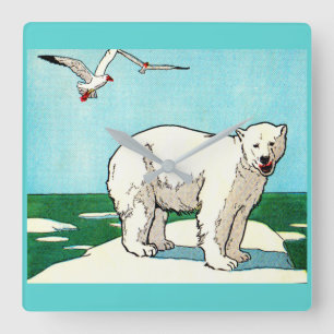 Relógio Quadrado urso polar e gaivotas