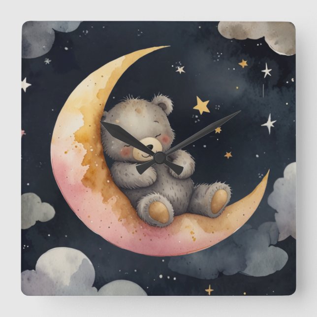 Relógio Quadrado Urso Sonolento na Lua (Frente)