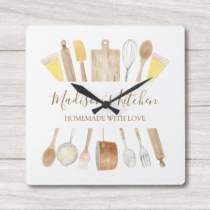 Relógio Quadrado Utensílios de Cozinha Personalizados com Aquarela