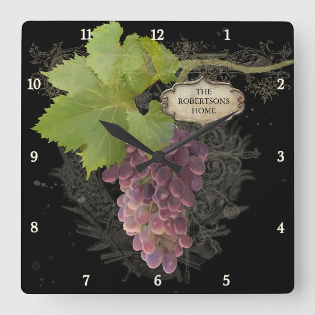 Relógio Quadrado Uvas Rústicas em Vinha Nome Personalizado (Frente)