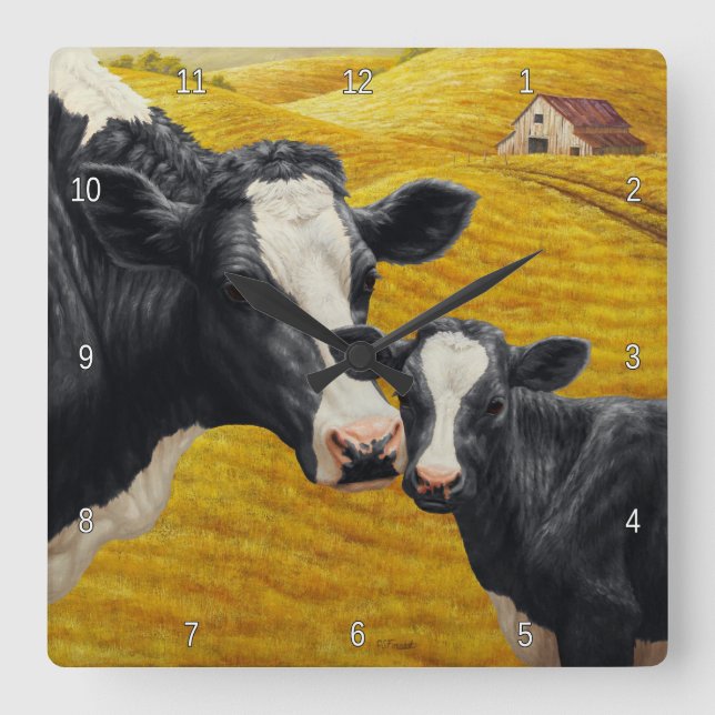 Relógio Quadrado Vacas de Holstein e Madeira Antiga (Frente)