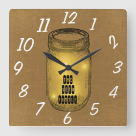 Relógio Quadrado Vagalumes no Mason Jar