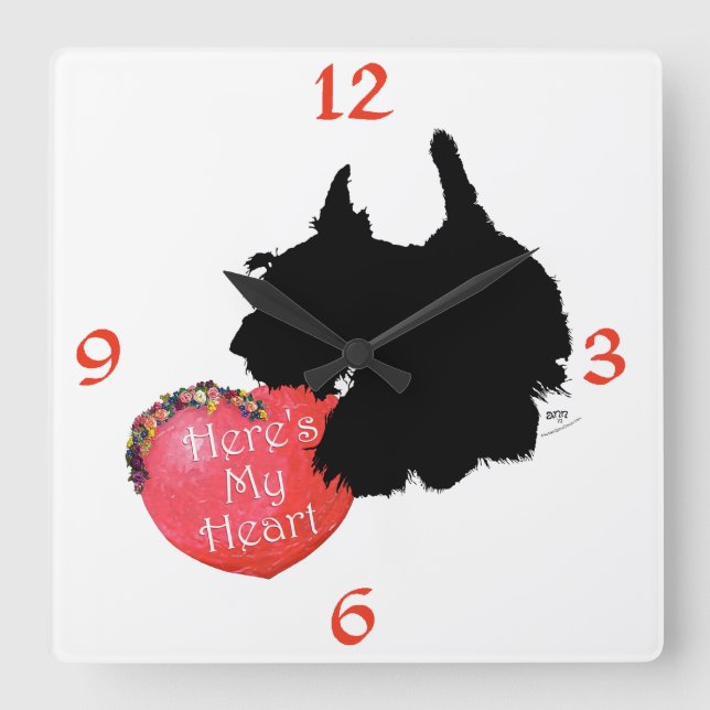 Relógio Quadrado Valentine de Terrier Escocês (Frente)