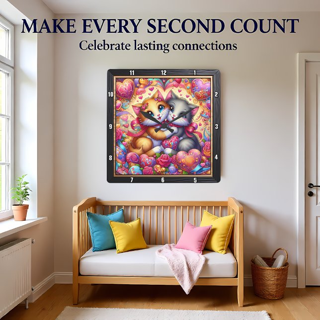 Relógio Quadrado Valentine Kitten Hug Heart Wall (Criador carregado)