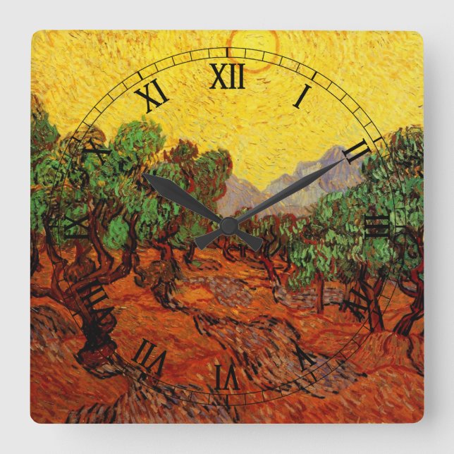 Relógio Quadrado Van Gogh Olive Trees com Céu Amarelo e Sol (Frente)