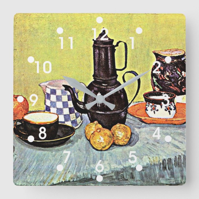 Relógio Quadrado Van Gogh: Vida ininterrupta com o Blue Enamel Coff (Frente)