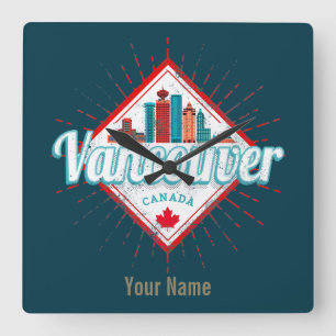 Relógio Quadrado Vancouver Skyline British Columbia Retro Canadá