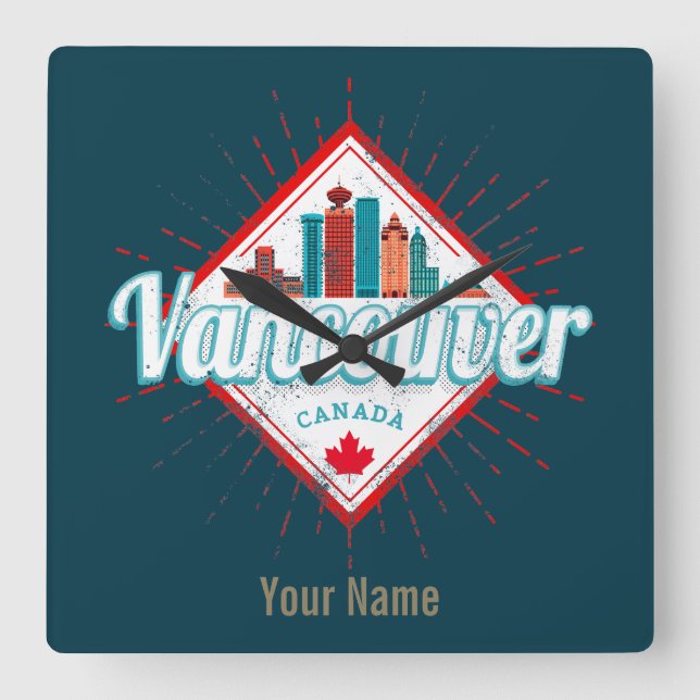 Relógio Quadrado Vancouver Skyline British Columbia Retro Canadá (Frente)