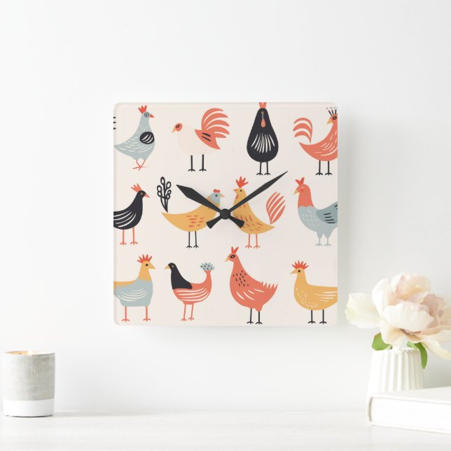 Relógio Quadrado Various chickens on a white background (Lar)
