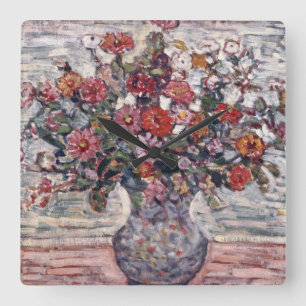 Relógio Quadrado Vaso de Flores, Zínias por Maurice Prendergast