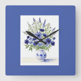 Relógio Quadrado Vaso de Muro de Flores Selvagens Branco Azul