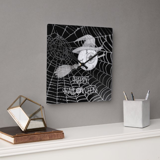 Relógio Quadrado Vassoura-de-bruxa do Halloween, olho assustador, t (Escritório)