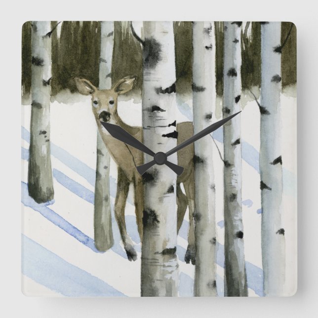 Relógio Quadrado Veado em neve (Frente)
