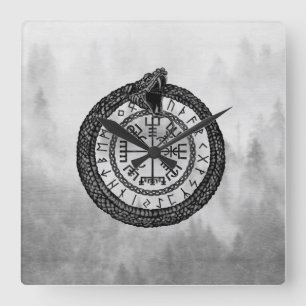 Relógio Quadrado Vegvisir com Ouroboros e runes - grayscale