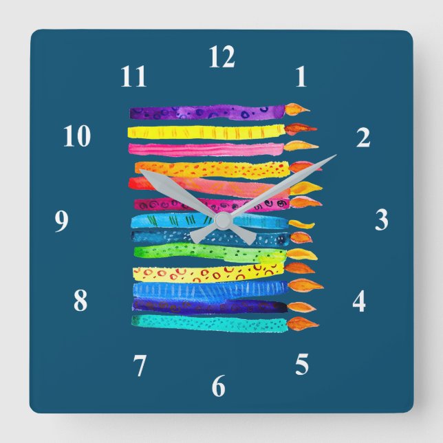 Relógio Quadrado Velas de aniversário de aquarela (Frente)