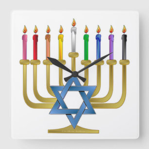 Relógio Quadrado Velas de Arco-íris de Hanuka Menorah Dourada