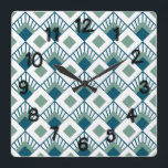 Relógio Quadrado Ventiladores do Art Deco<br><div class="desc">Este relógio de parede tem um design de arte deco de diamantes lacrimogêneos com linhas diagonais e diamantes verdes em um campo de branco.</div>