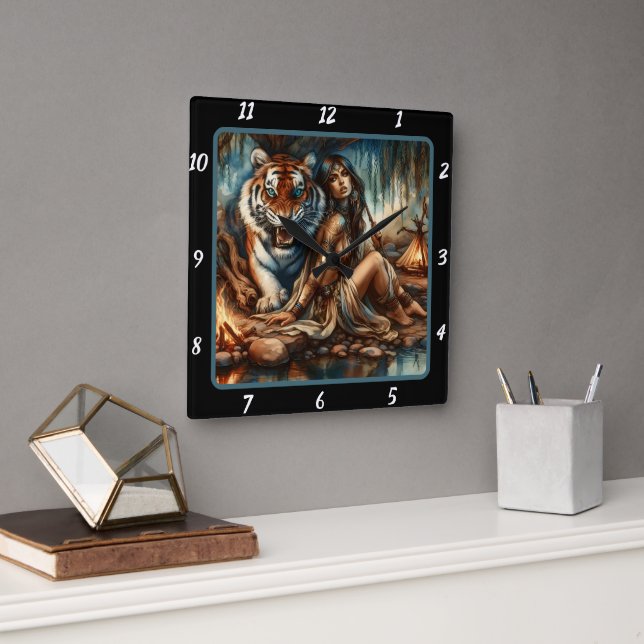 Relógio Quadrado Verdade Nativa: Paz de Tigre Sombreado de Willow (Escritório)