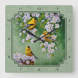 Relógio Quadrado Verde de Pássaros Goldfinch e Flores