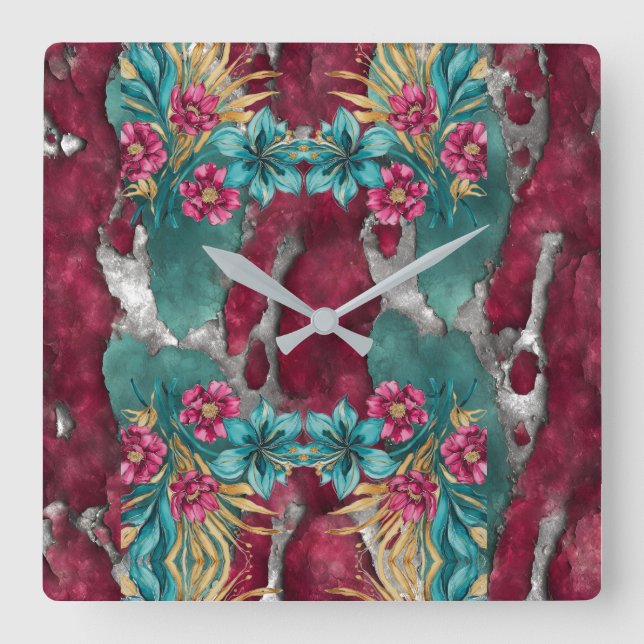Relógio Quadrado Verdigris & Pink Florals with Metallic Gold (Frente)