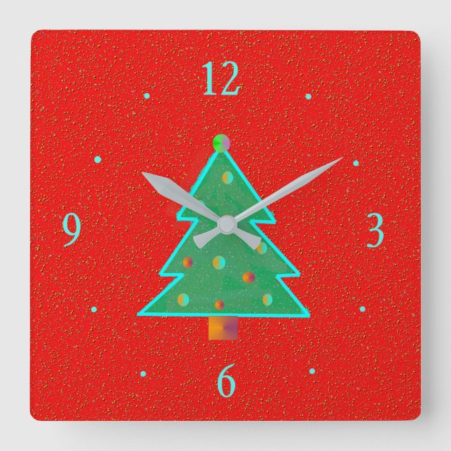 Relógio Quadrado Vermelho com Árvore Verde Aqua > Relógios de Natal (Frente)