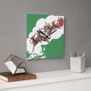 Relógio Quadrado Véspera de Natal Vintage, Papai Noel Retro em Tren