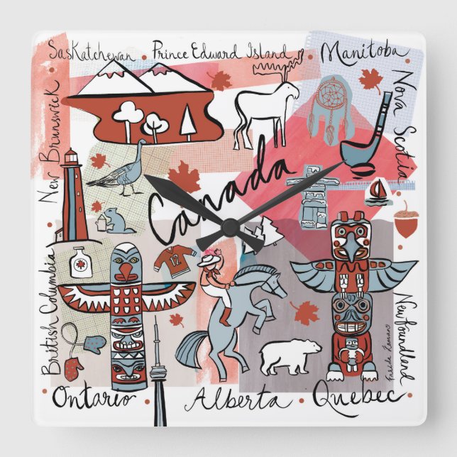 Relógio Quadrado Viagem global - Canadá (Frente)