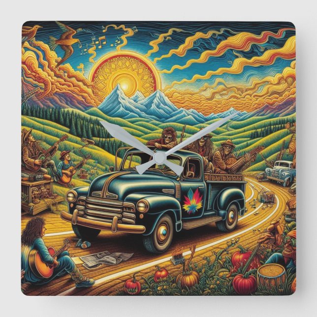 Relógio Quadrado Viagem na Folk Art (Frente)