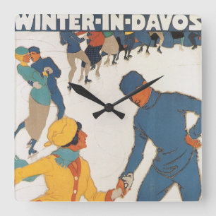 Relógio Quadrado Viagens Vintage, Art Deco, Inverno Davos Suíça