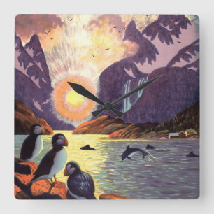 Relógio Quadrado Viagens vintage, Land de Fjord da Noruega, Midnigh