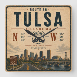 Relógio Quadrado Viajante no Tempo da Rota 66 de Tulsa
