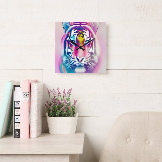 Relógio Quadrado Vibrante Tigre Colorido Face Selvagem Moderna Negr (Sala de leitura)