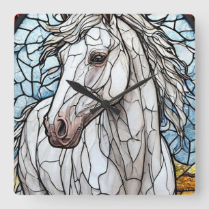 Relógio Quadrado Vidro colorido Cavalo Branco
