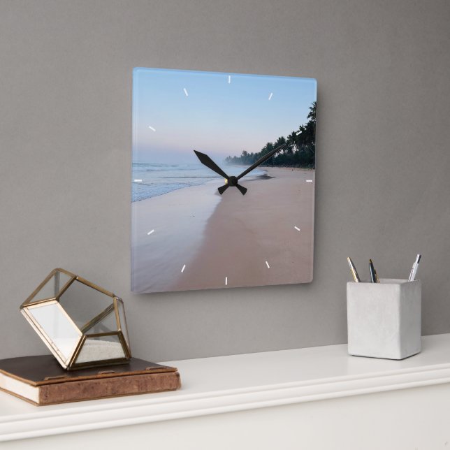 Relógio Quadrado Vidro marítimo e madeira de praia - Larg de chá az (Escritório)