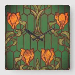 Relógio Quadrado Vidro retido parece flores florais de arte nouveau