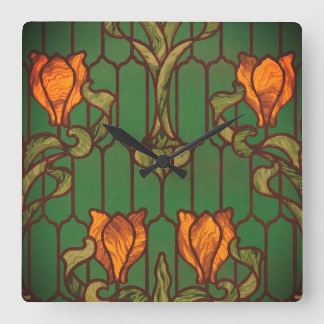 Relógio Quadrado Vidro retido parece flores florais de arte nouveau (Frente)