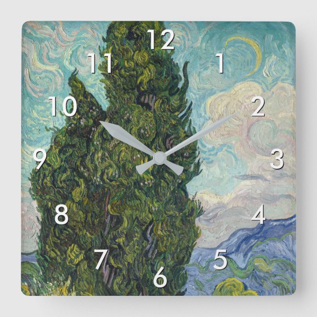 Relógio Quadrado Vincent van Gogh - Cyprestes (Frente)