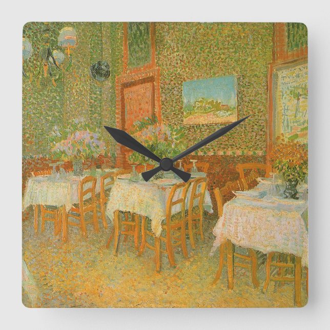 Relógio Quadrado Vincent van Gogh - Interior de um Restaurante (Frente)