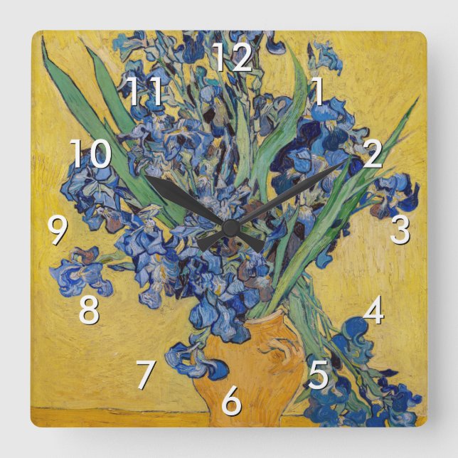 Relógio Quadrado Vincent van Gogh - Vaso com Íris (Frente)