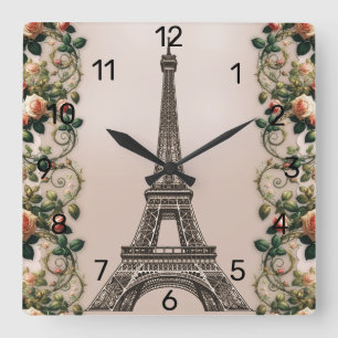 Relógio Quadrado Vinhas de Rosa Paris Rosa Torre Eiffel Shabby Chic