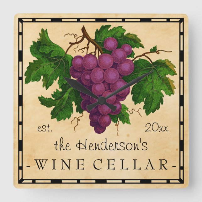 Relógio Quadrado Vinho com Vintage Nome Personalizado (Frente)