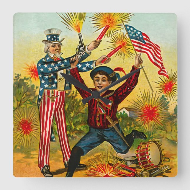 Relógio Quadrado Vintage 4 de julho (Frente)