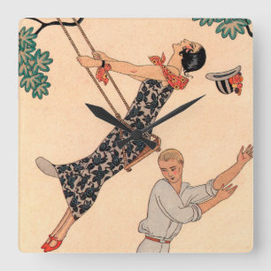 Relógio Quadrado Vintage Art Deco Love, O Swing de George Barbier