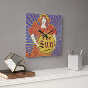 Relógio Quadrado Vintage Art Nouveau, jornal Sun de Nova Iorque