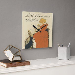 Relógio Quadrado Vintage Art Nouveau Vitoriano, Menina com Gatos Le