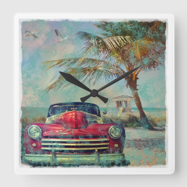 Relógio Quadrado Vintage Beach Square Wall Clock (Frente)