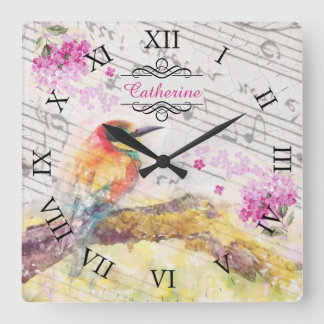 Relógio Quadrado Vintage bird on tree rosa flower decoupage