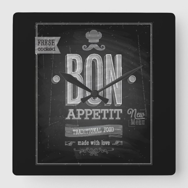 Relógio Quadrado Vintage Bon Appetit Poster - Chalkboard (Frente)